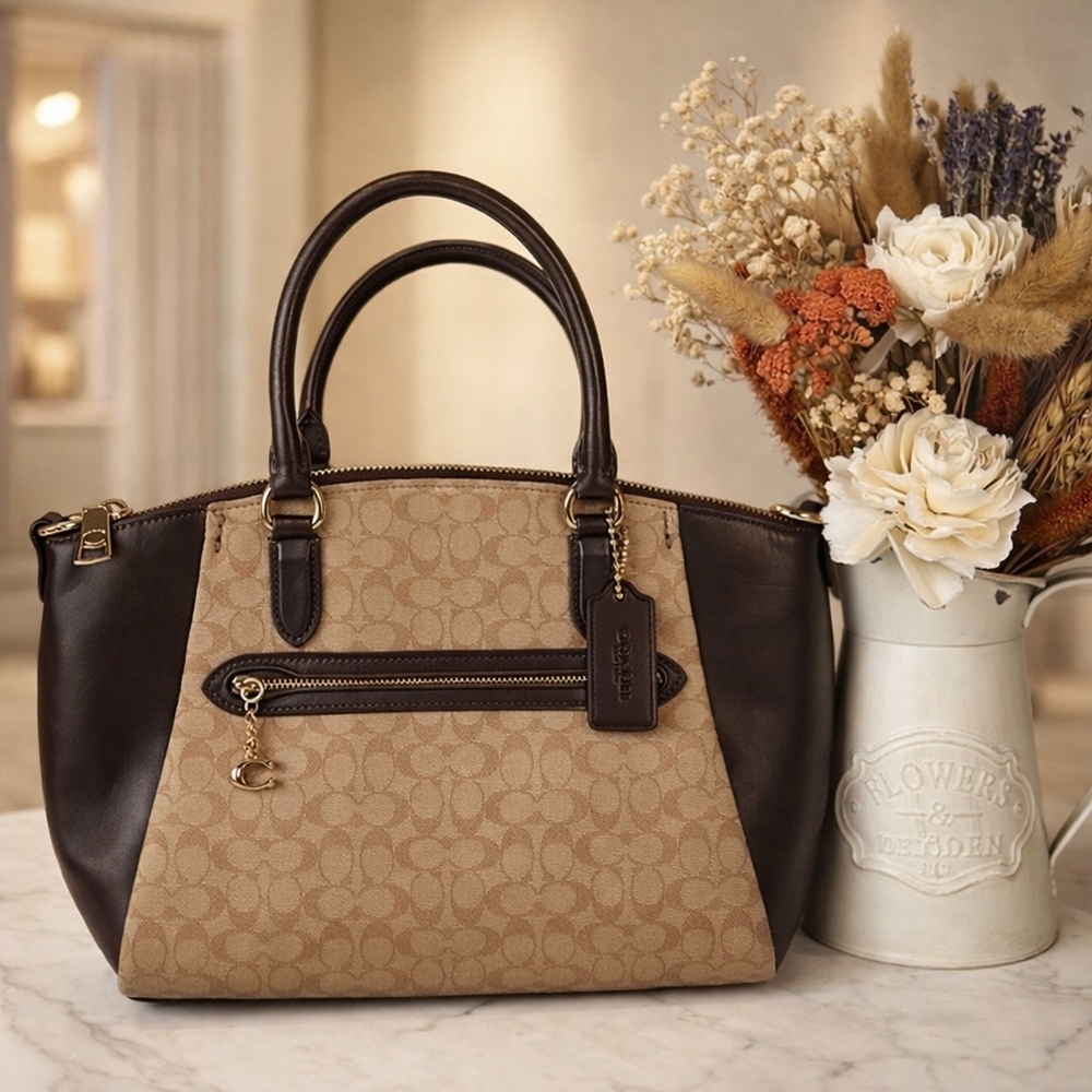 Coachβ Elise hand Crossbody Bag Brown Tan Signature Jacquard Satchel Fall Purse